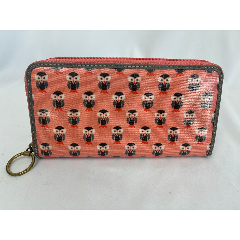Fossil Wallet Zip Around Coral Owl Pattern Coated… - image 1